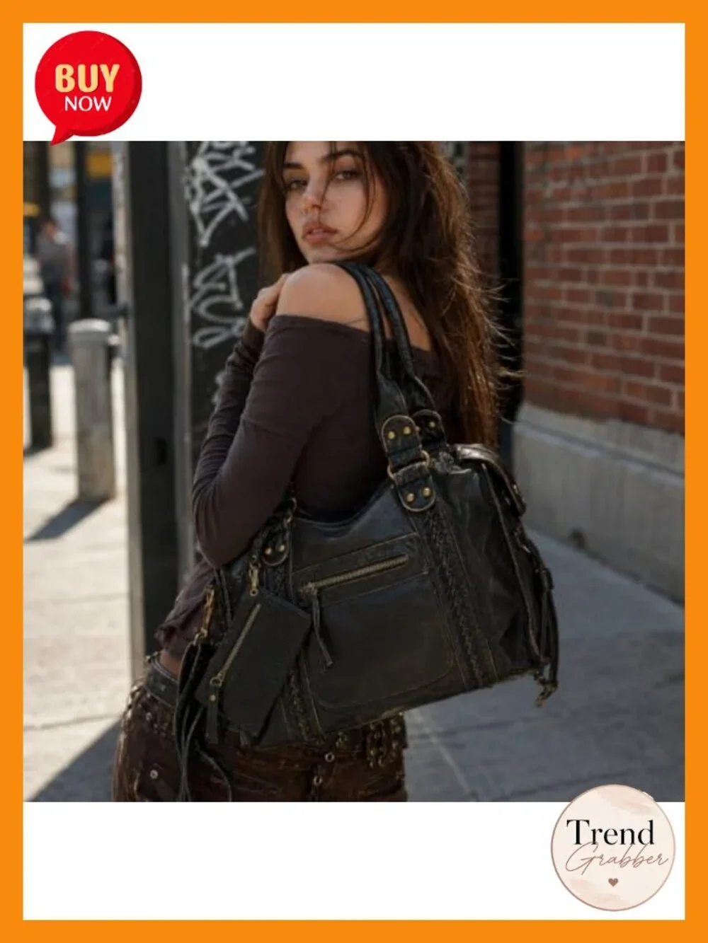 Vegan Leather Hobo Shoulder Bag Tote Y2K Distressed with Detachable Strap